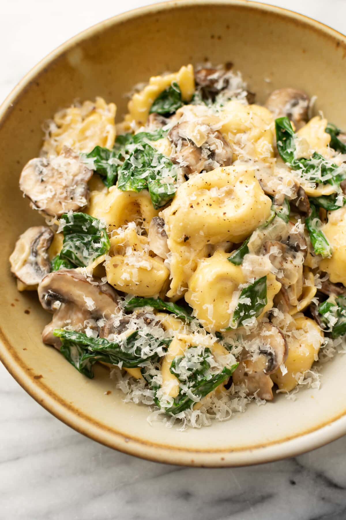 a bowl with spinach mushroom tortellini