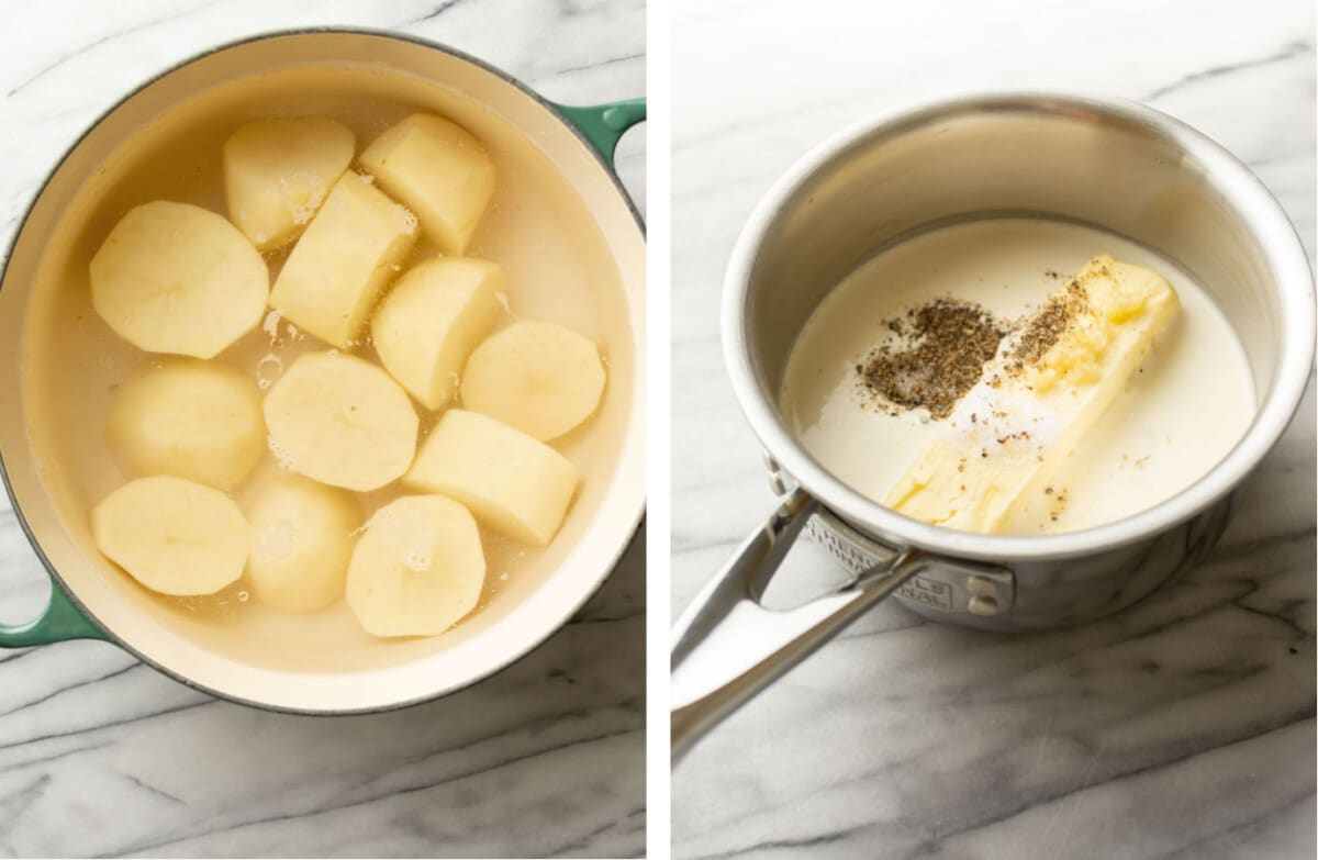 boiling potatoes in a pot and making garlic cream mixture in a saucepan