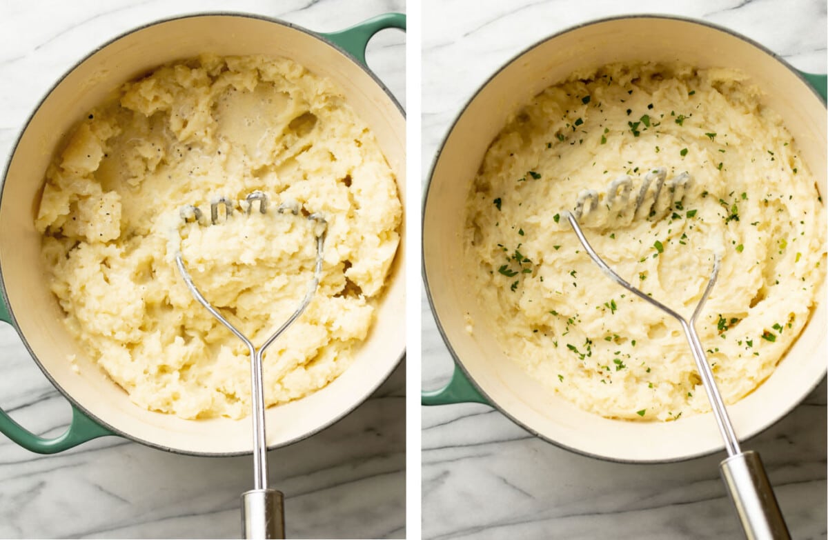 mashing potatoes in a large pot