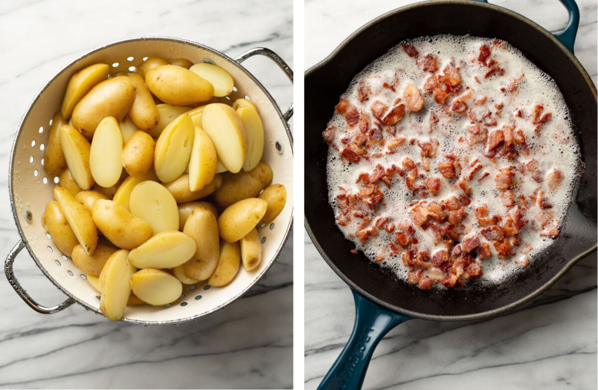 cooling potatoes in a colander and frying bacon in a skillet