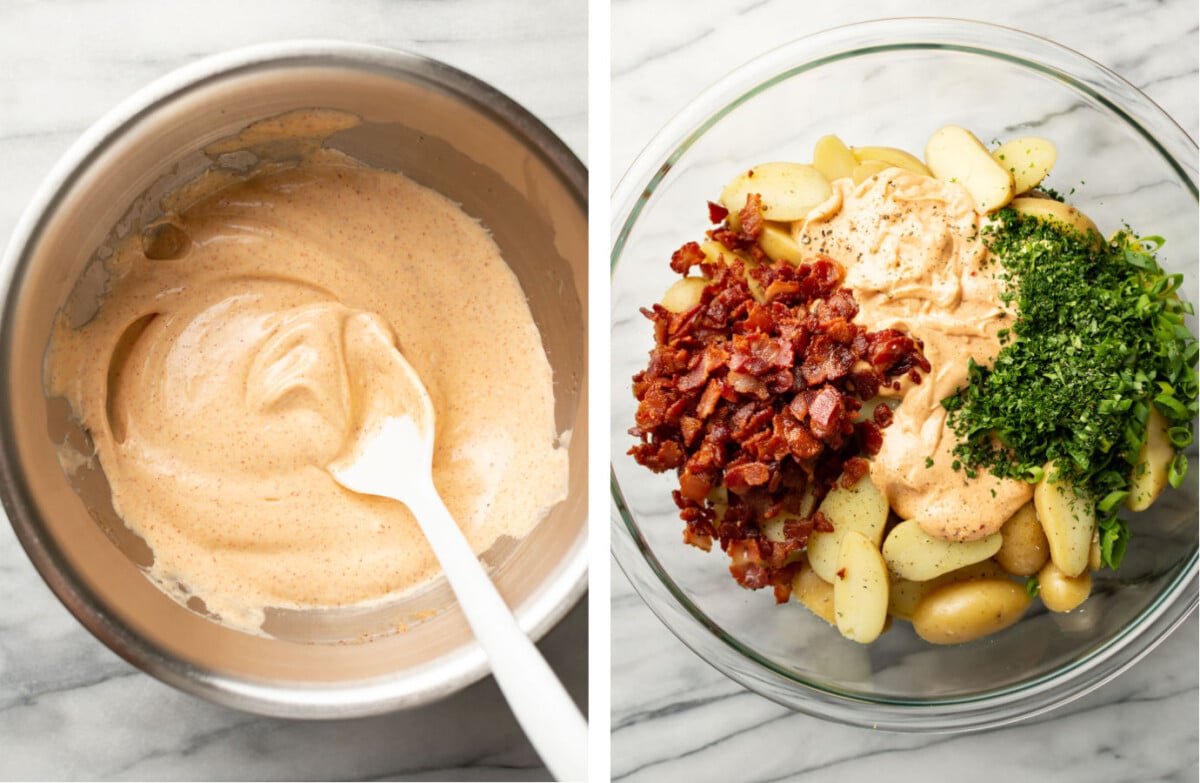 mixing creamy bacon dressing in a prep bowl and tossing with potato salad in a salad bowl