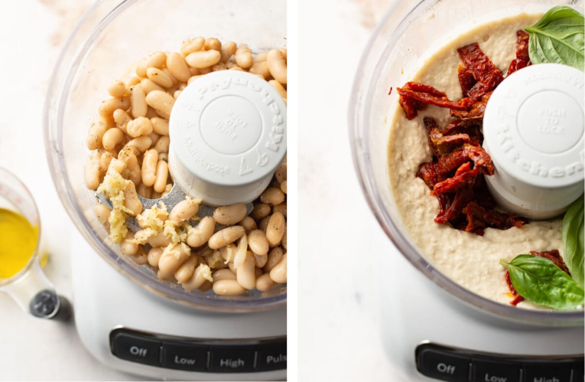 making sun-dried tomato white bean dip in a food processor