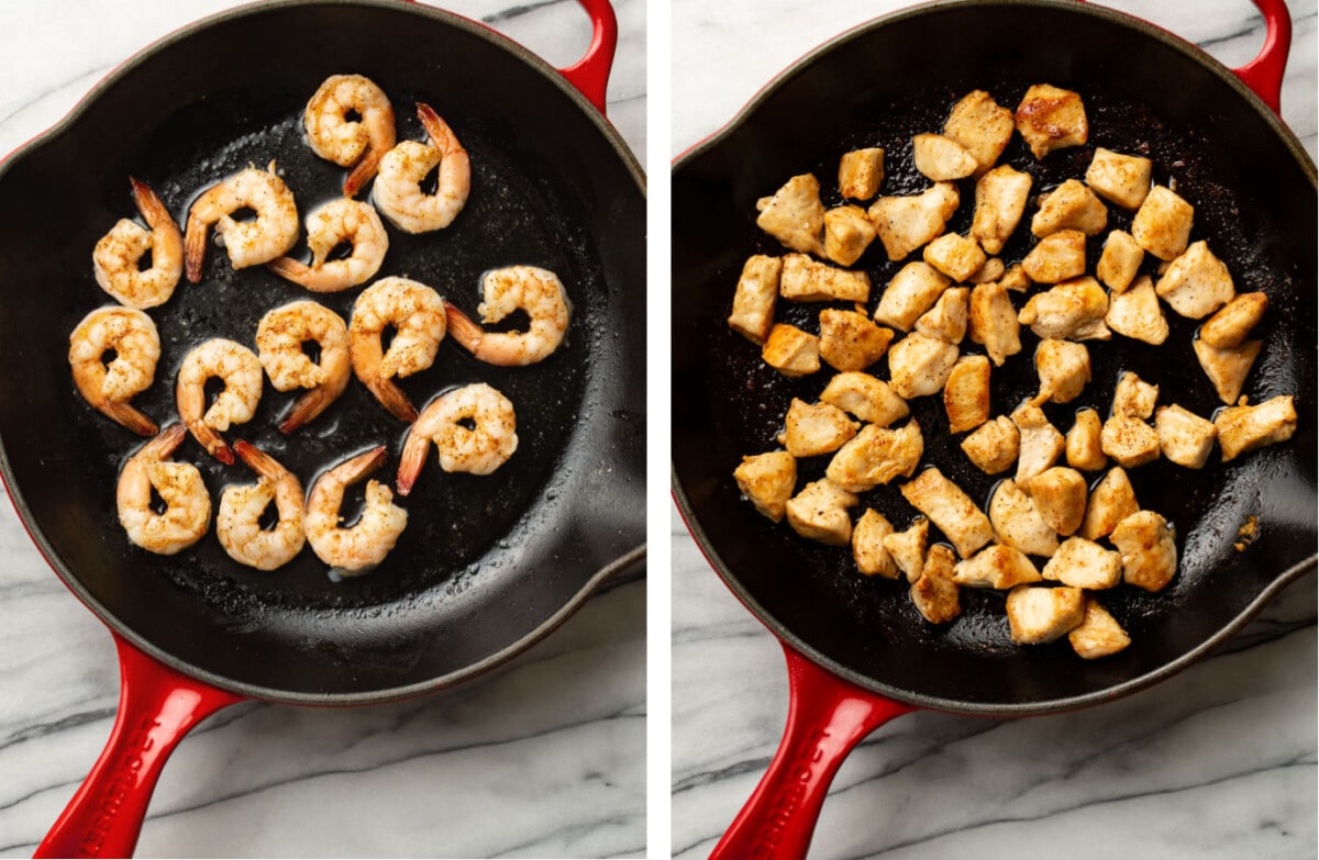 pan frying shrimp and chicken in a skillet