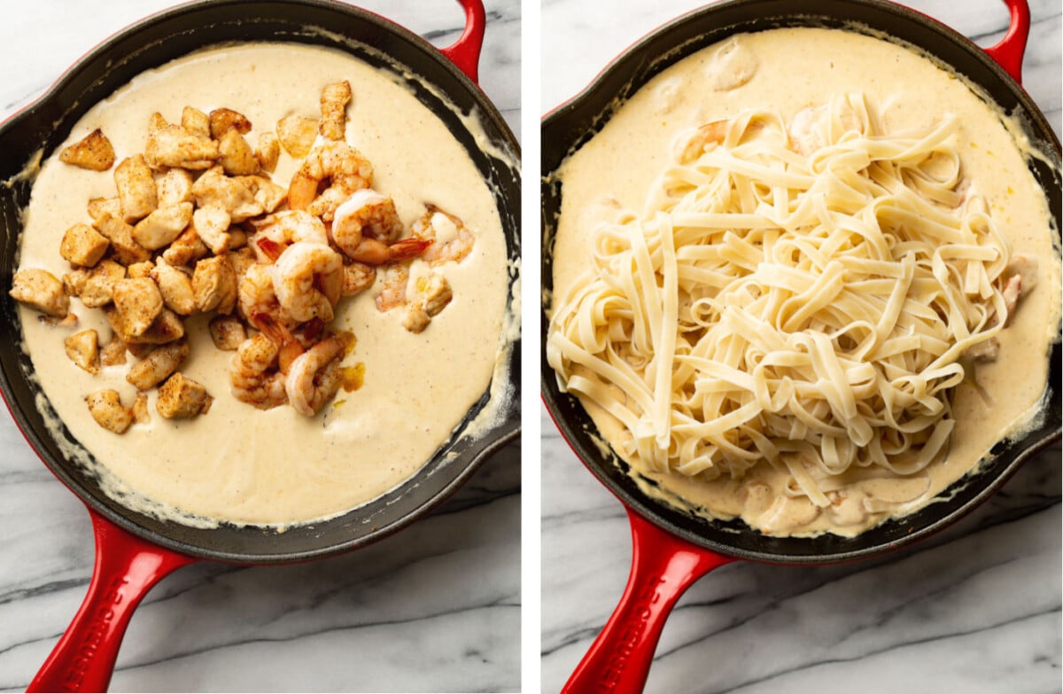 adding chicken and shrimp to a skillet with alfredo sauce and tossing with fettuccine