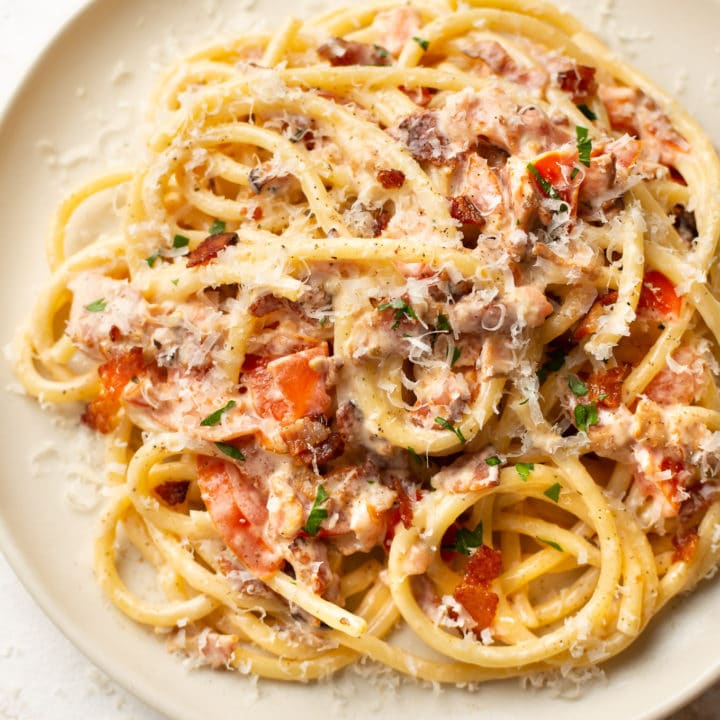 Easy Creamy Bacon Tomato Pasta • Salt & Lavender