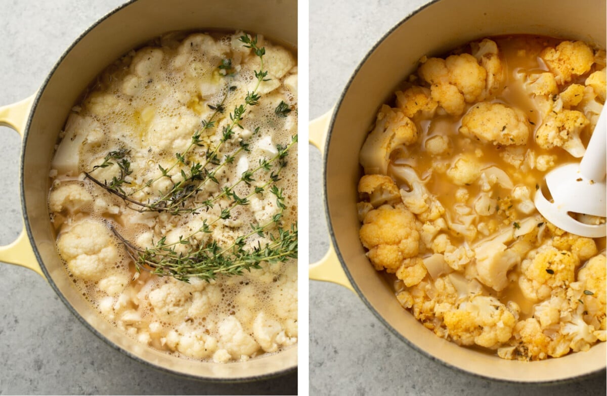 cooking cauliflower soup in a dutch oven and pureeing with an immersion blender