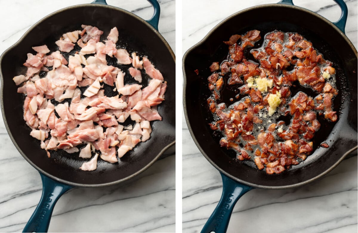 frying bacon in a skillet and adding garlic to make pasta sauce