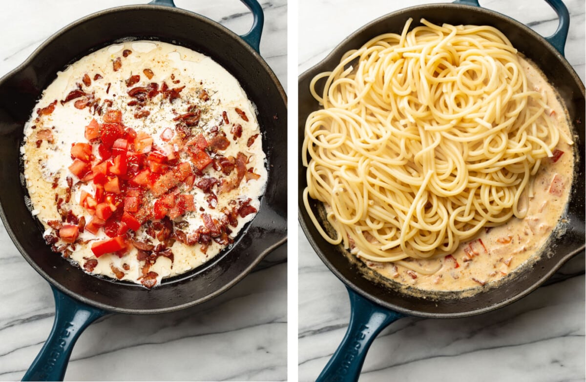 adding cream and tomatoes to a skillet to make sauce and tossing with pasta