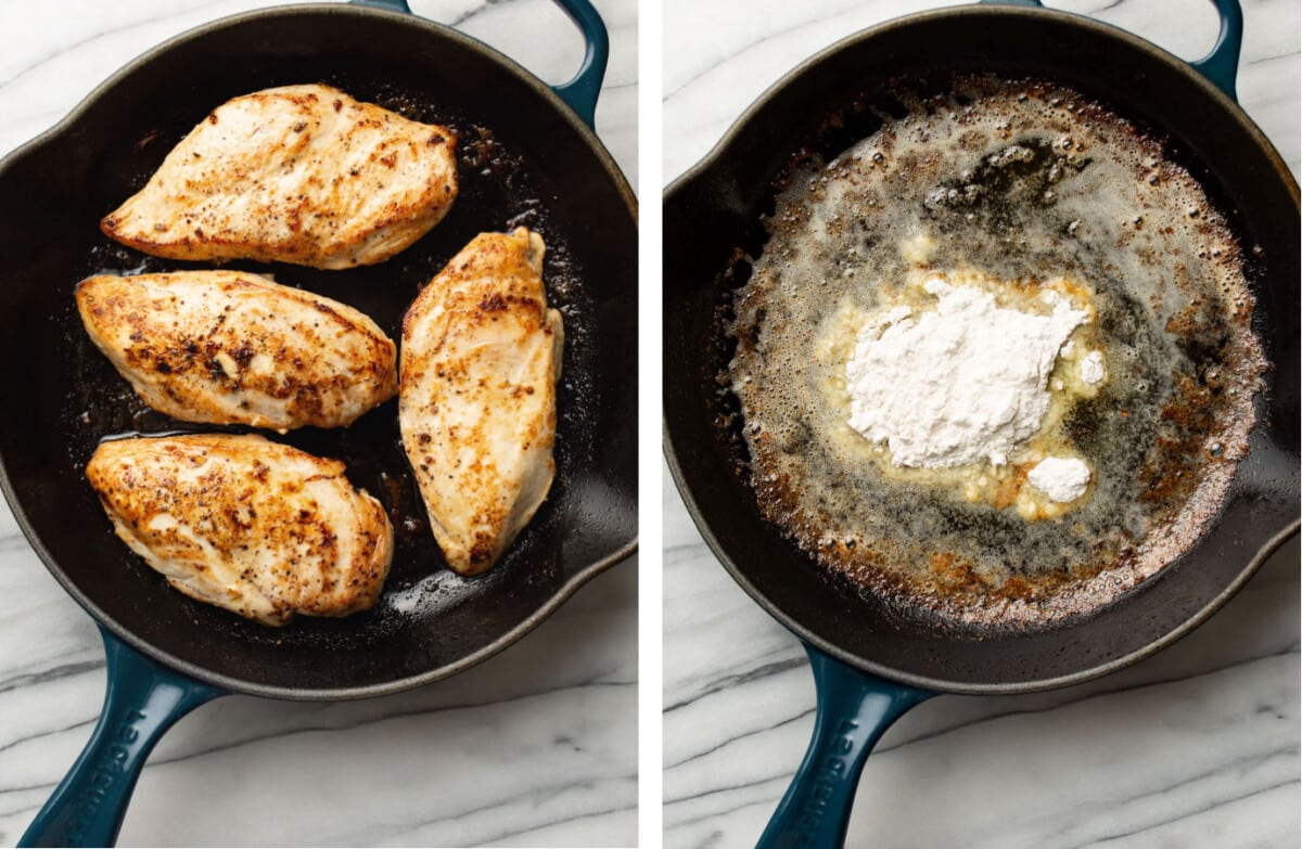 pan frying chicken in a skillet and making a roux