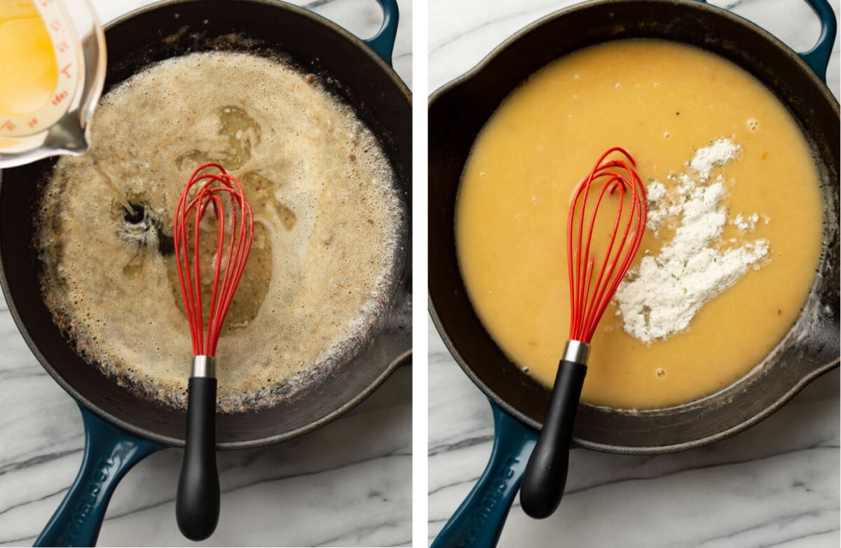 whisking in chicken broth and ranch seasoning in a skillet to make gravy
