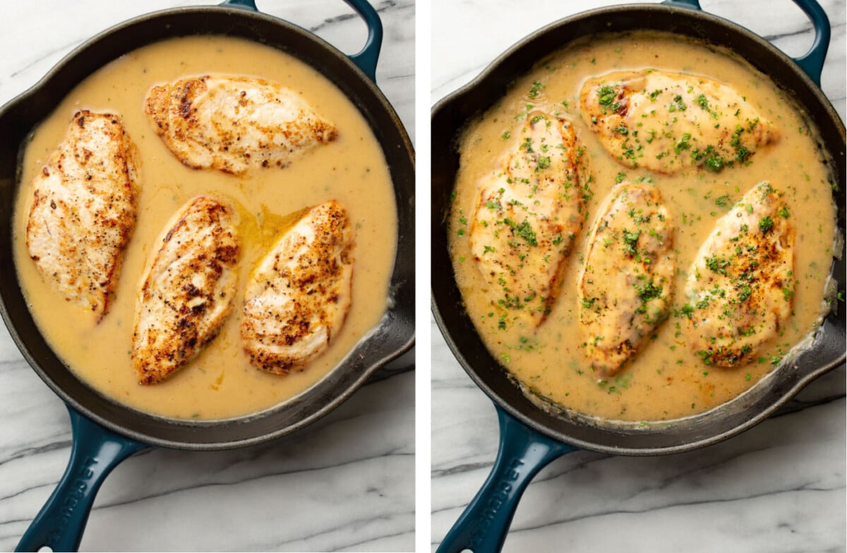ranch chicken in a skillet before and after cooking and adding parsley