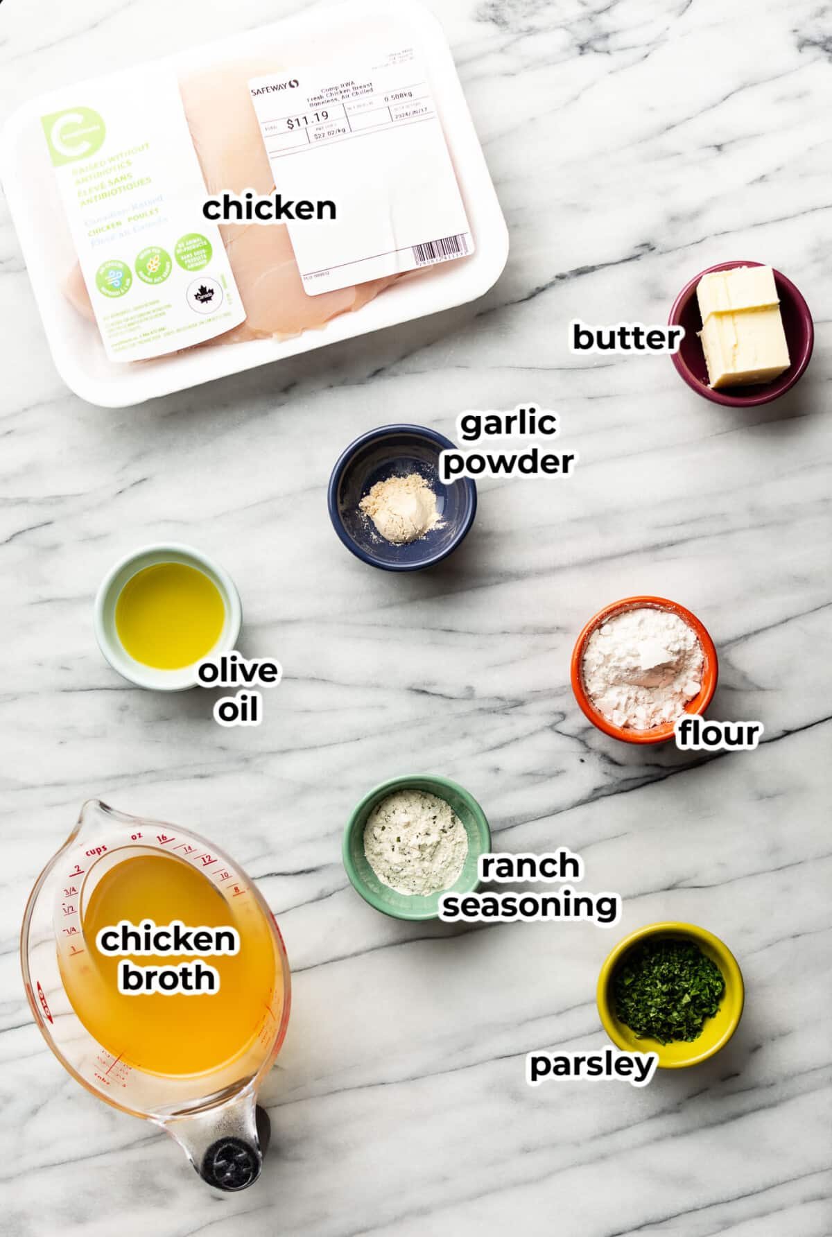 ingredients for ranch chicken in prep bowls