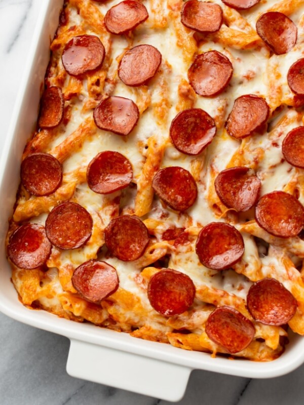 casserole dish with pepperoni pizza pasta bake