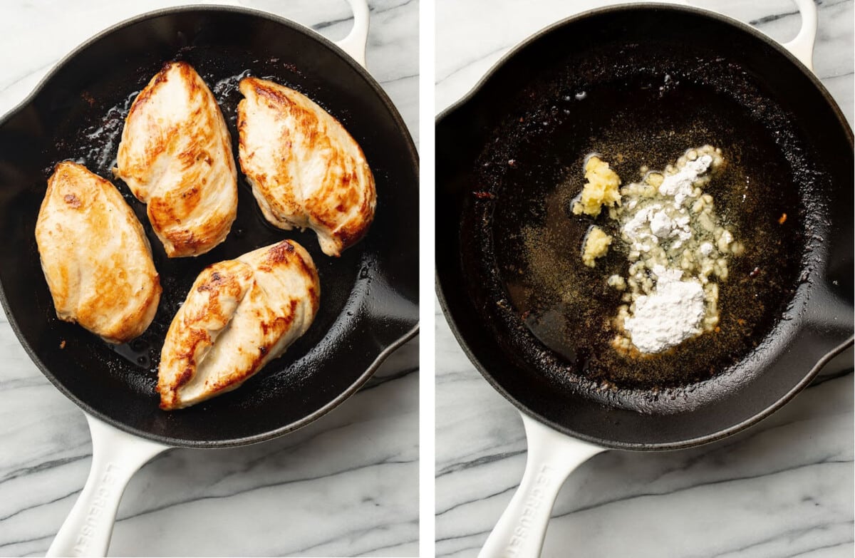 pan frying chicken in a skillet then cooking garlic and flour to make a sauce