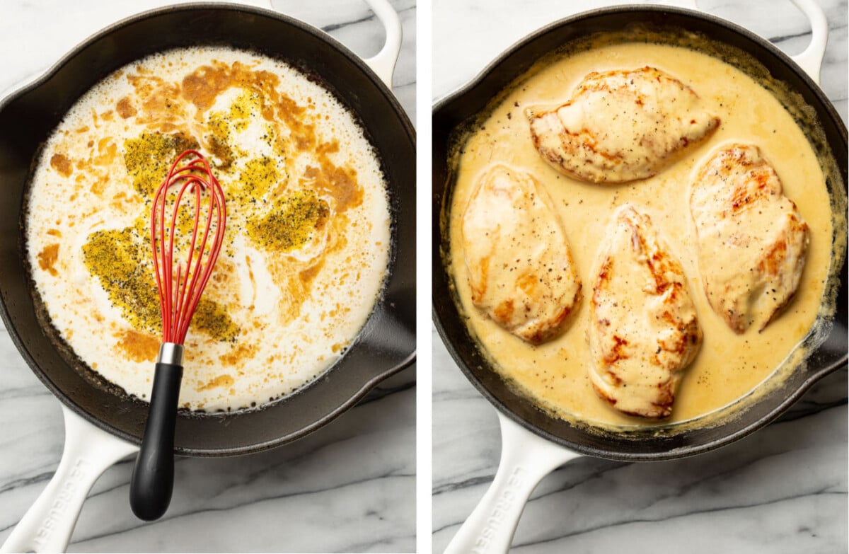 whisking lemon pepper sauce in a skillet and adding chicken breasts