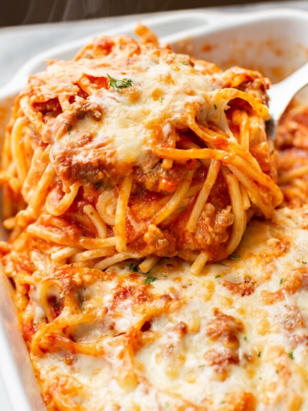 close-up of a casserole dish with million dollar spaghetti