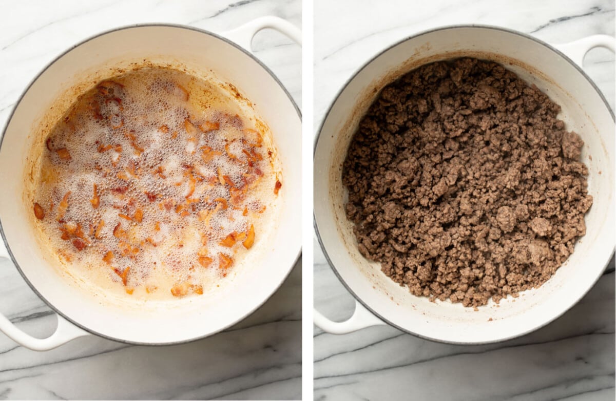 frying bacon and browning ground beef in a soup pot