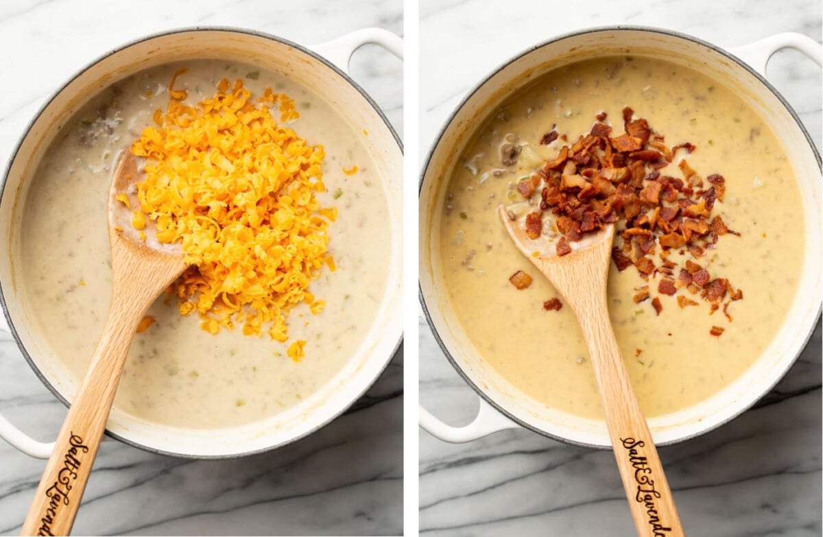 adding cheese and bacon to a pot of cheeseburger soup