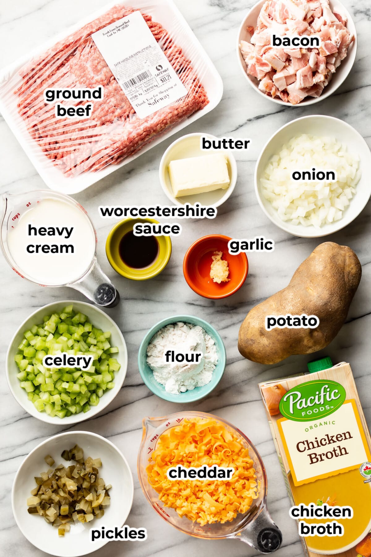 ingredients for cheeseburger soup in prep bowls