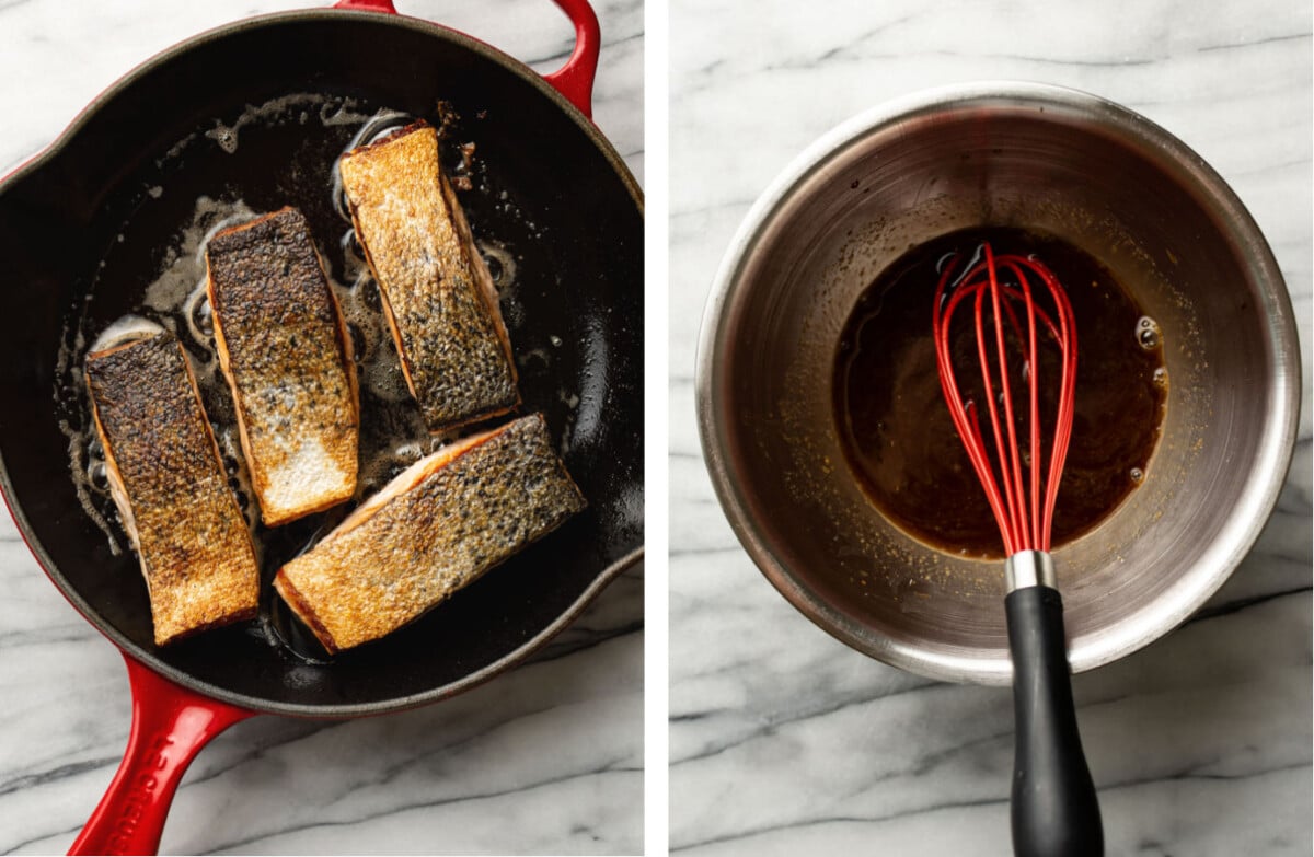 pan searing salmon in a skillet and whisking brown sugar sauce in a prep bowl