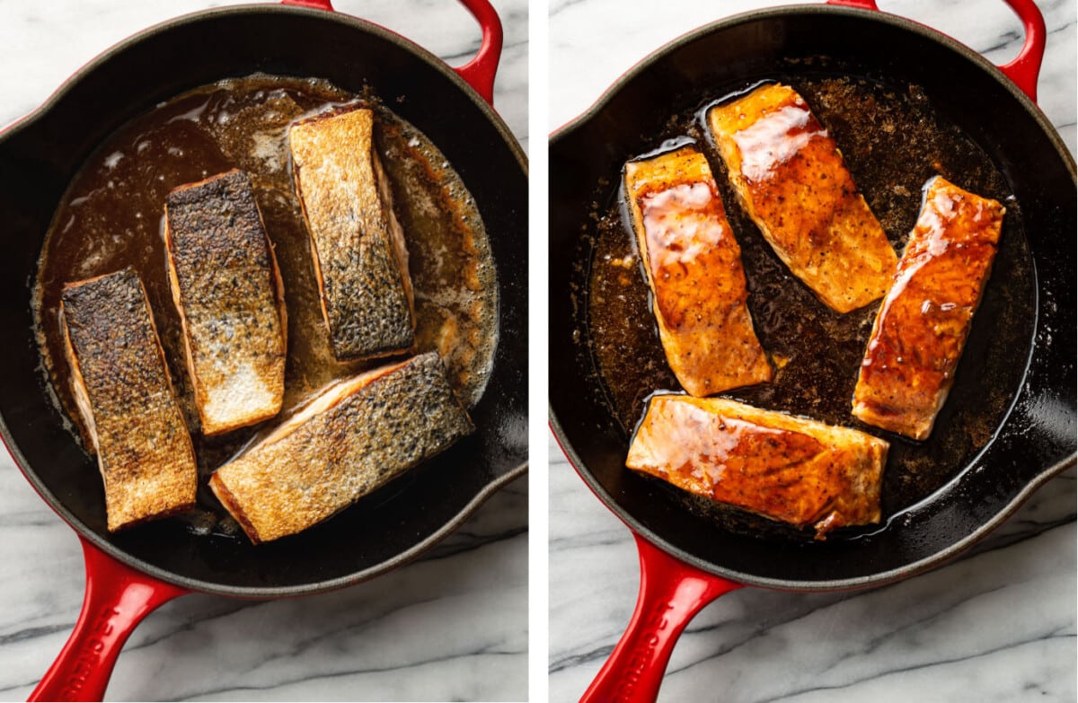 brown sugar glazed salmon in a skillet before and after cooking