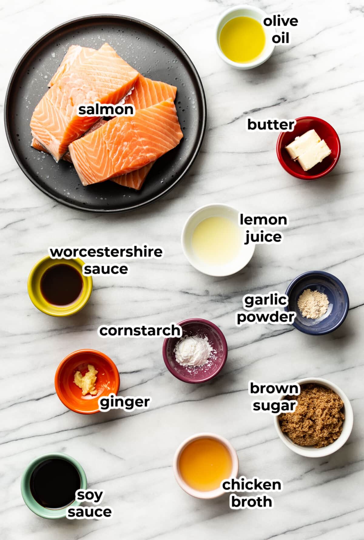 ingredients for brown sugar glazed salmon in prep bowls