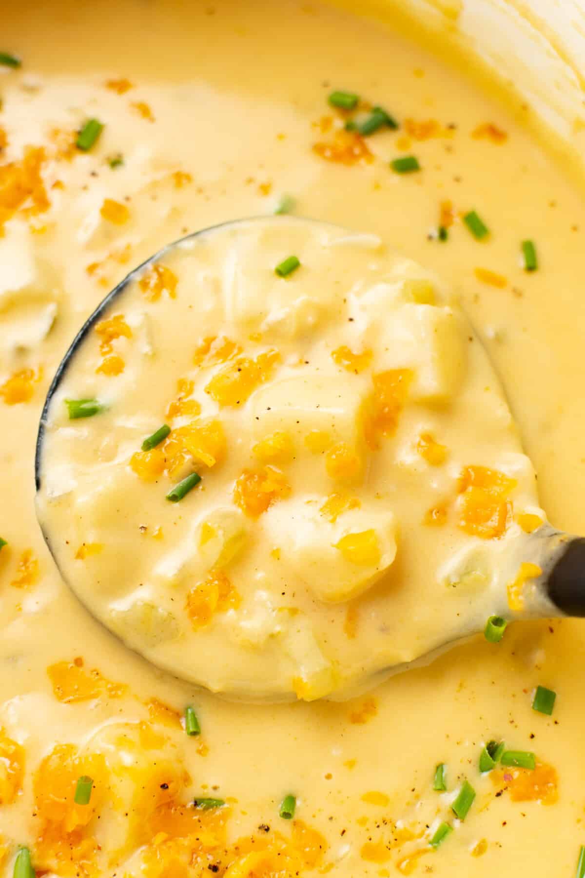 a ladle of cheesy potato soup