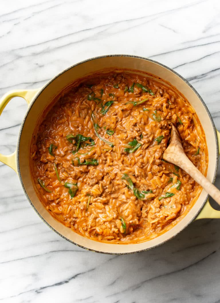 Ground Beef Orzo with Tomato Cream Sauce