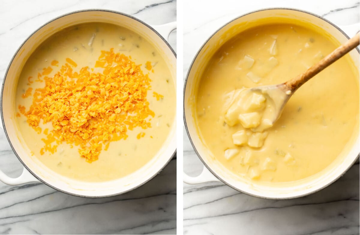 adding cheddar to a pot of potato soup and stirring with a wooden spoon