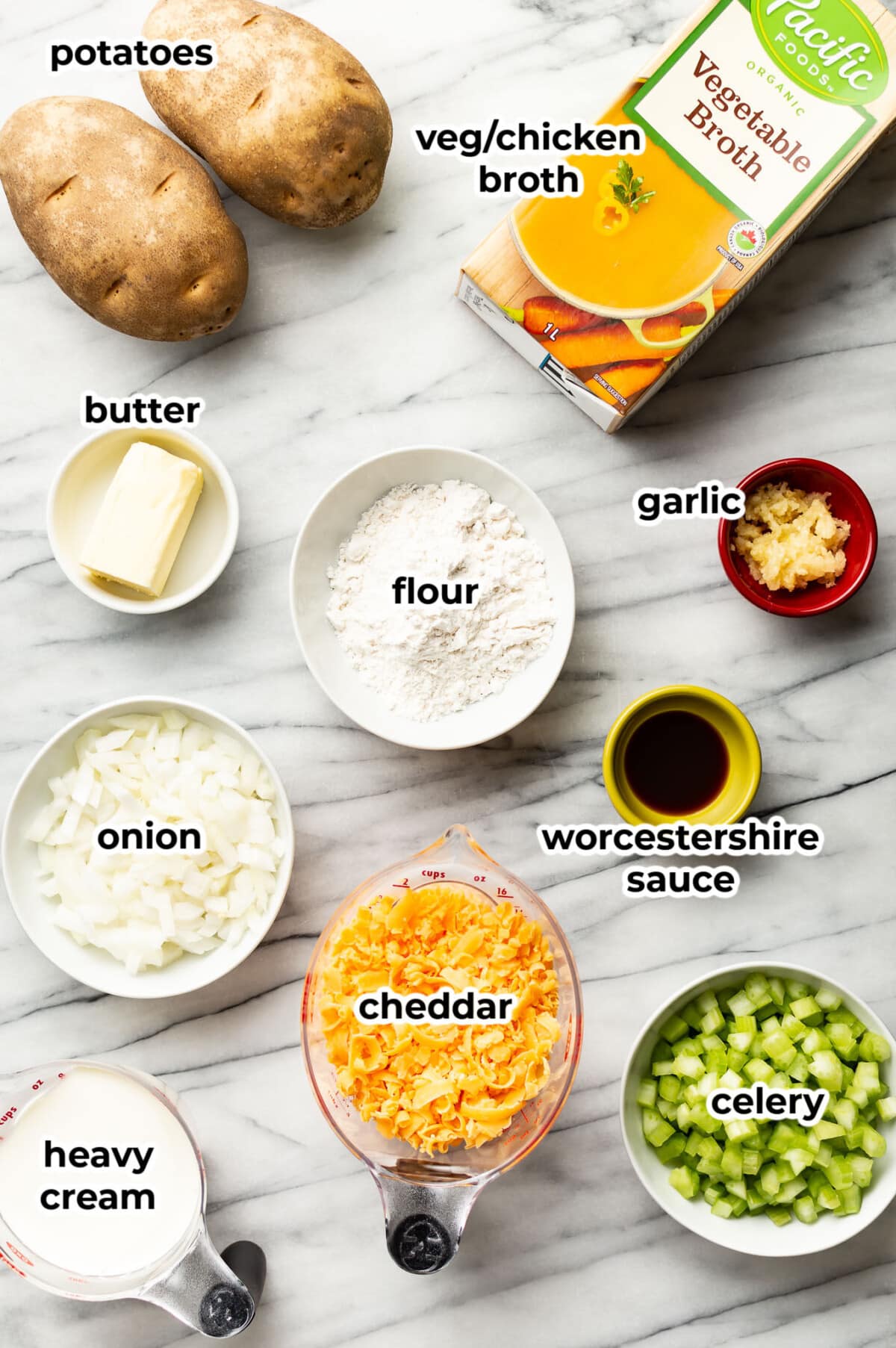 ingredients for cheesy potato soup in prep bowls