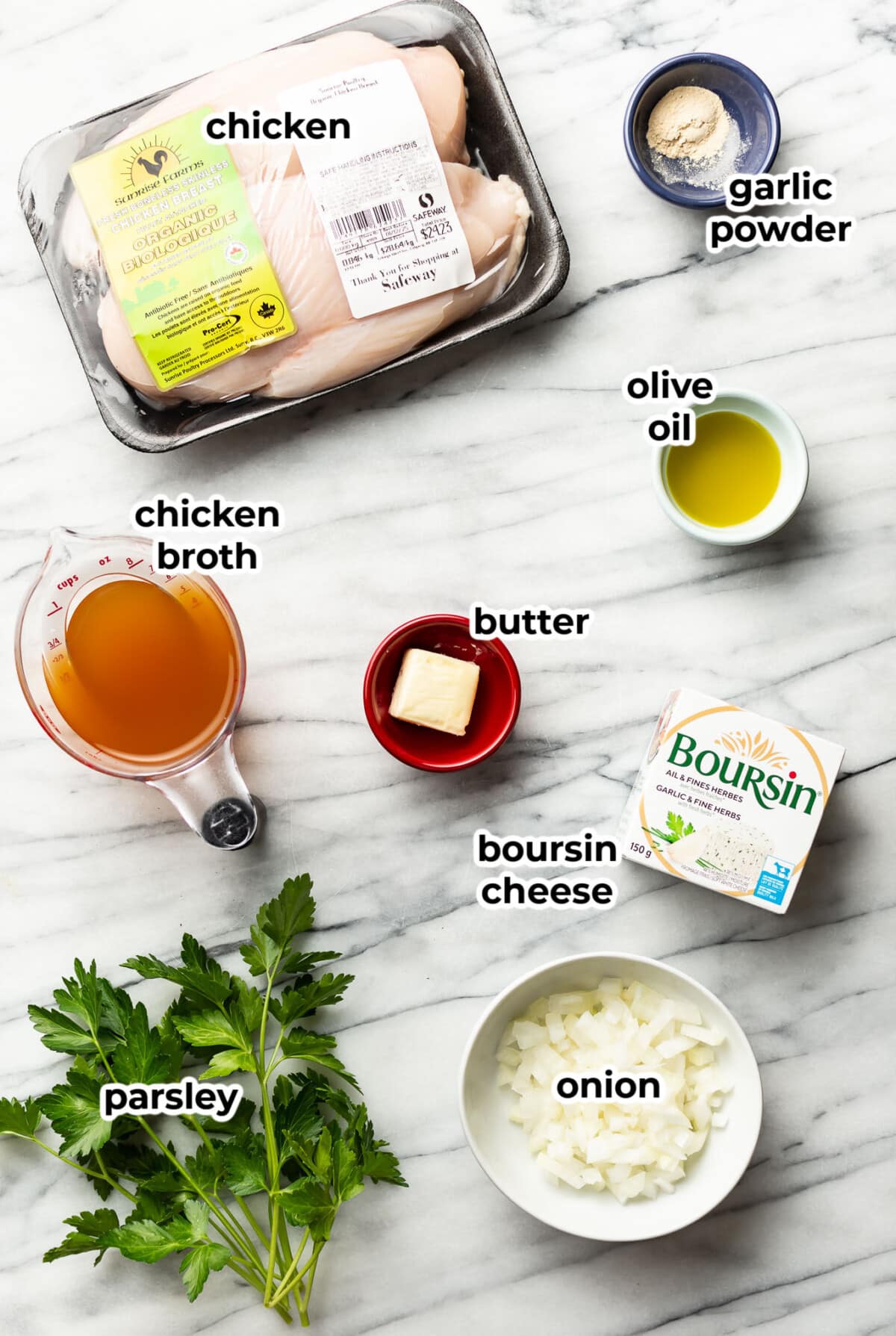 ingredients for boursin chicken in prep bowls