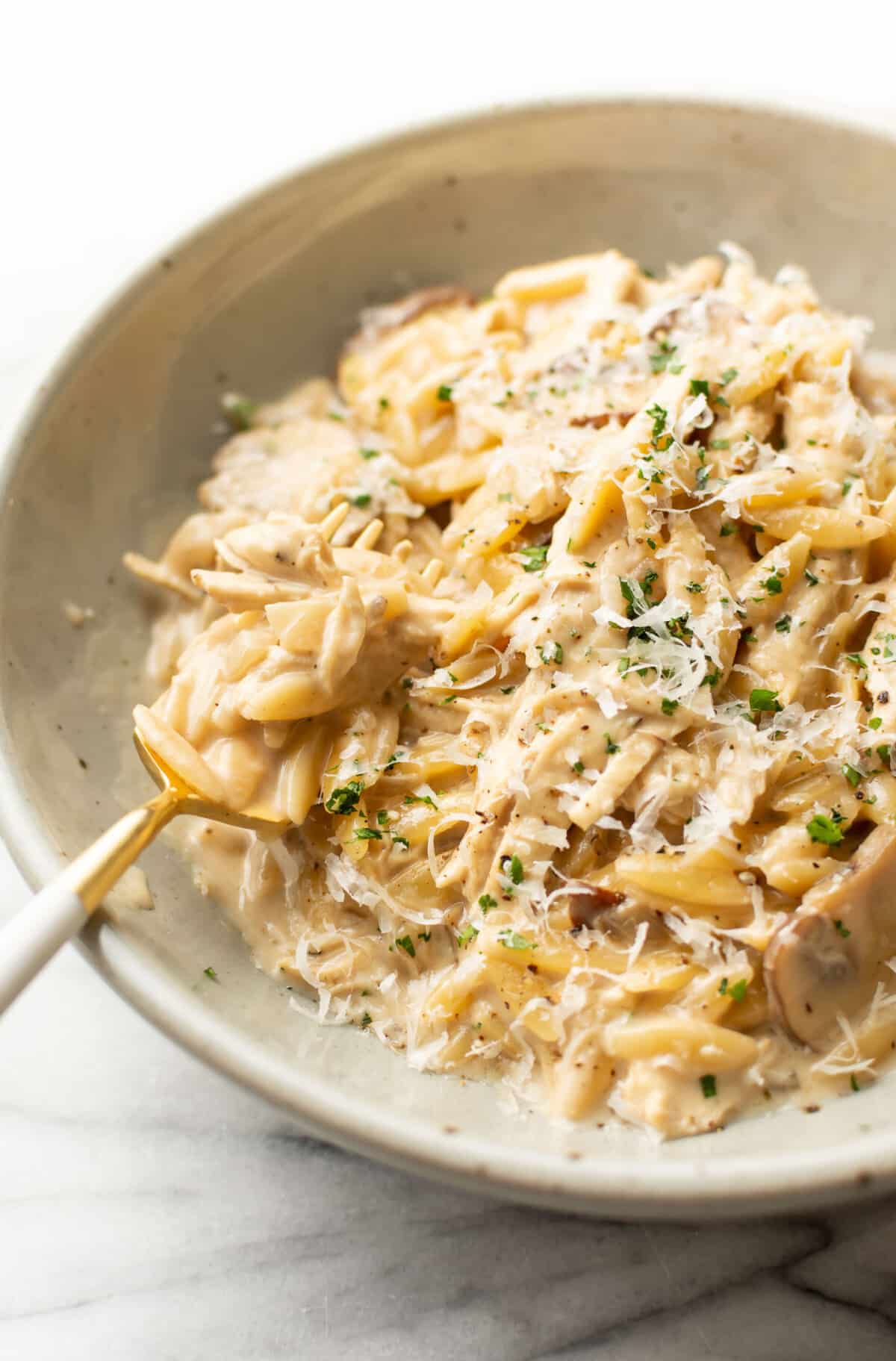 a bowl of chicken marsala orzo with a fork