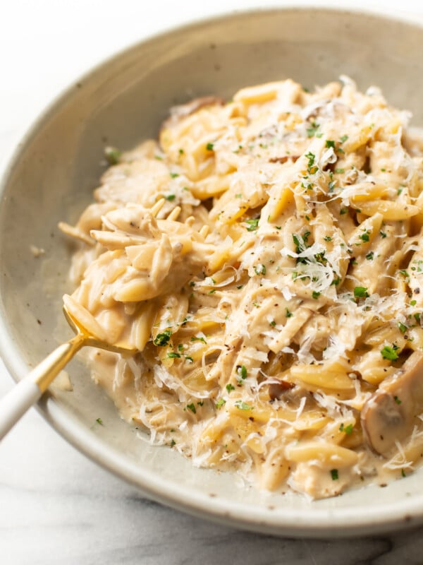 a bowl of chicken marsala orzo with a fork