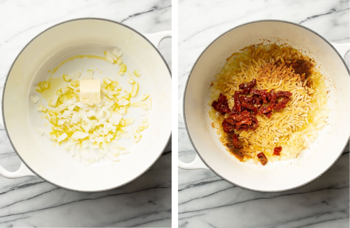 sauteing onion in a dutch oven and adding in sun-dried tomatoes and orzo