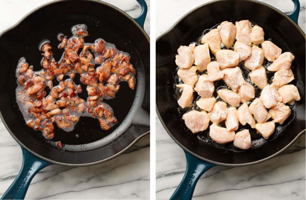 frying bacon in a skillet then pan frying chicken pieces