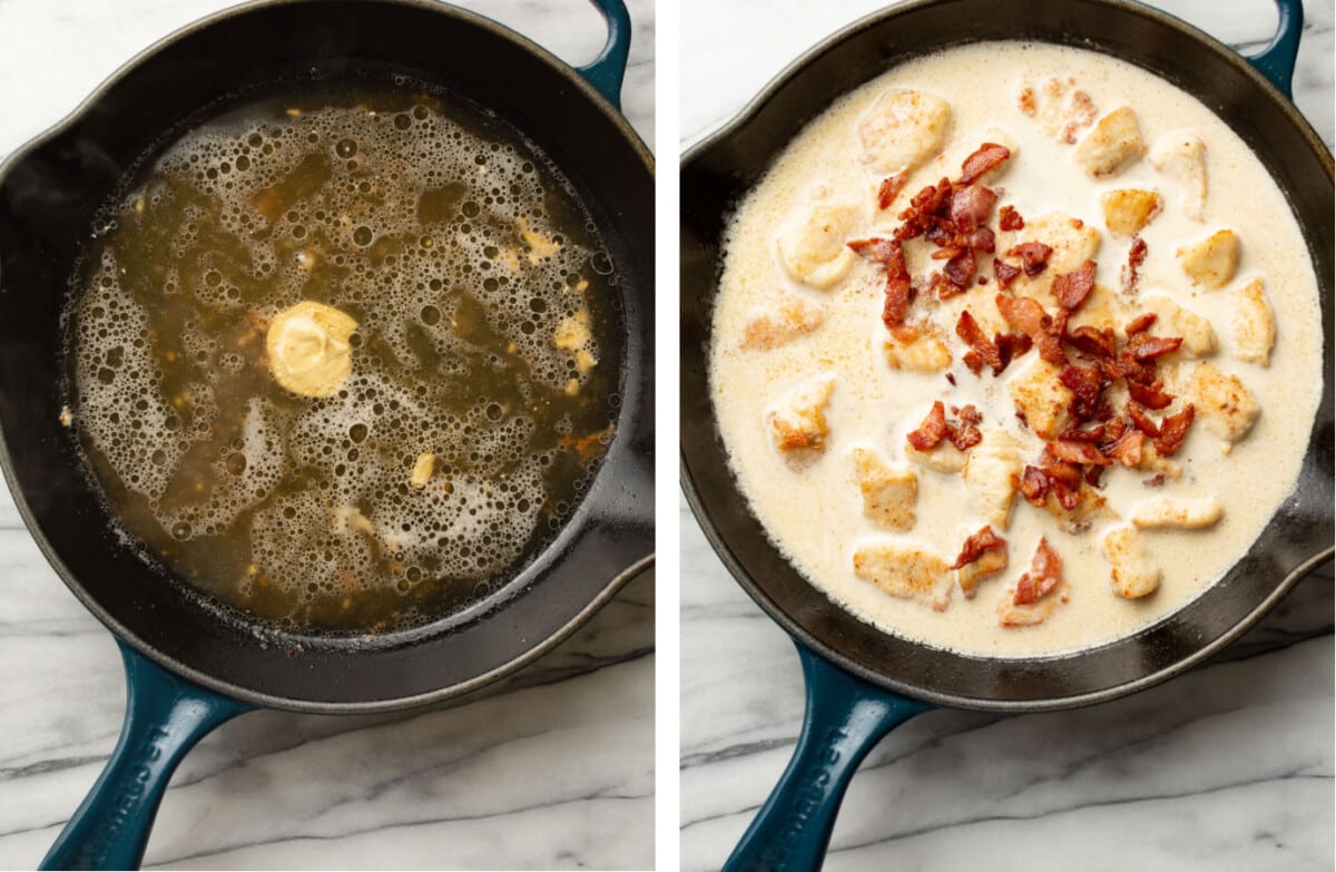 making sauce in a skillet and adding bacon, cream, and chicken