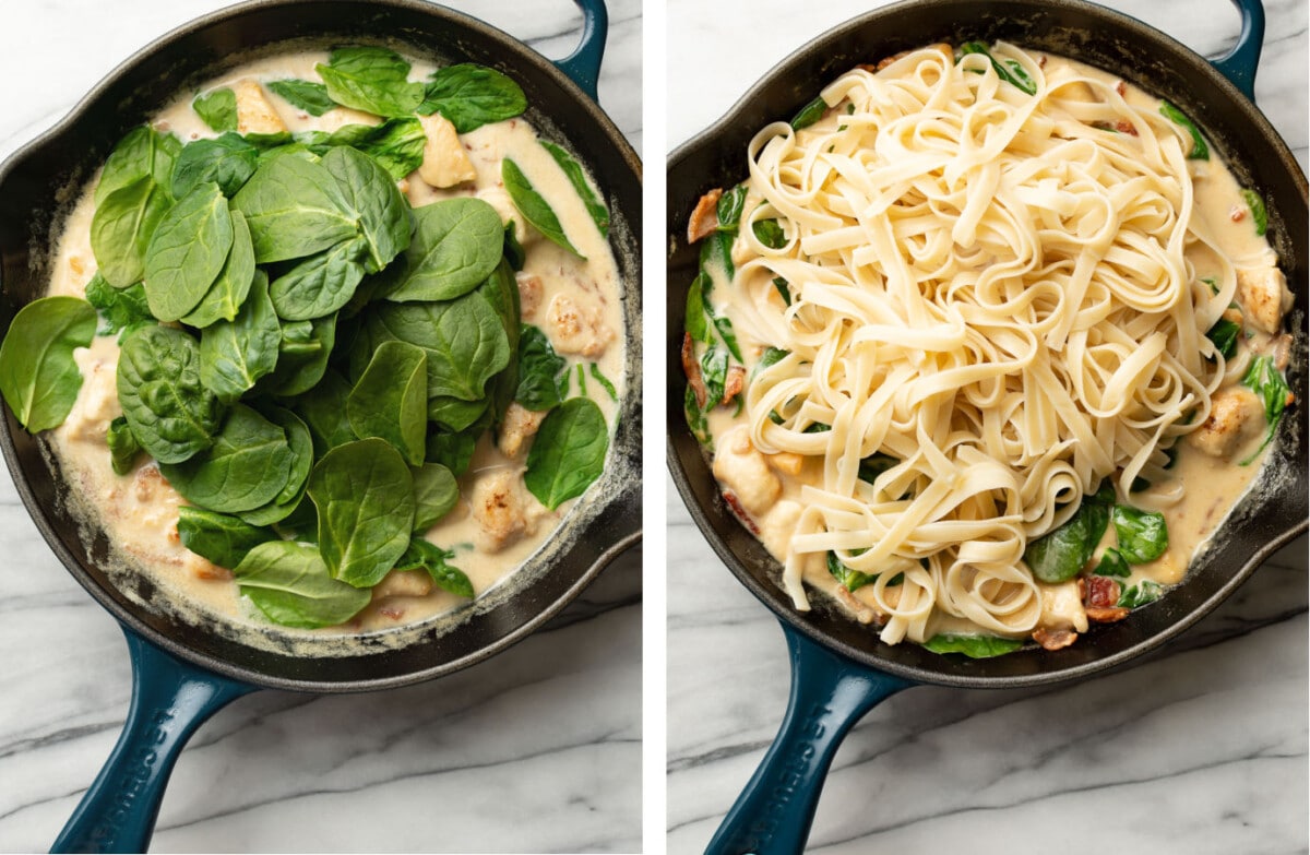 adding fresh spinach to a skillet with creamy chicken pasta sauce and tossing with fettuccine