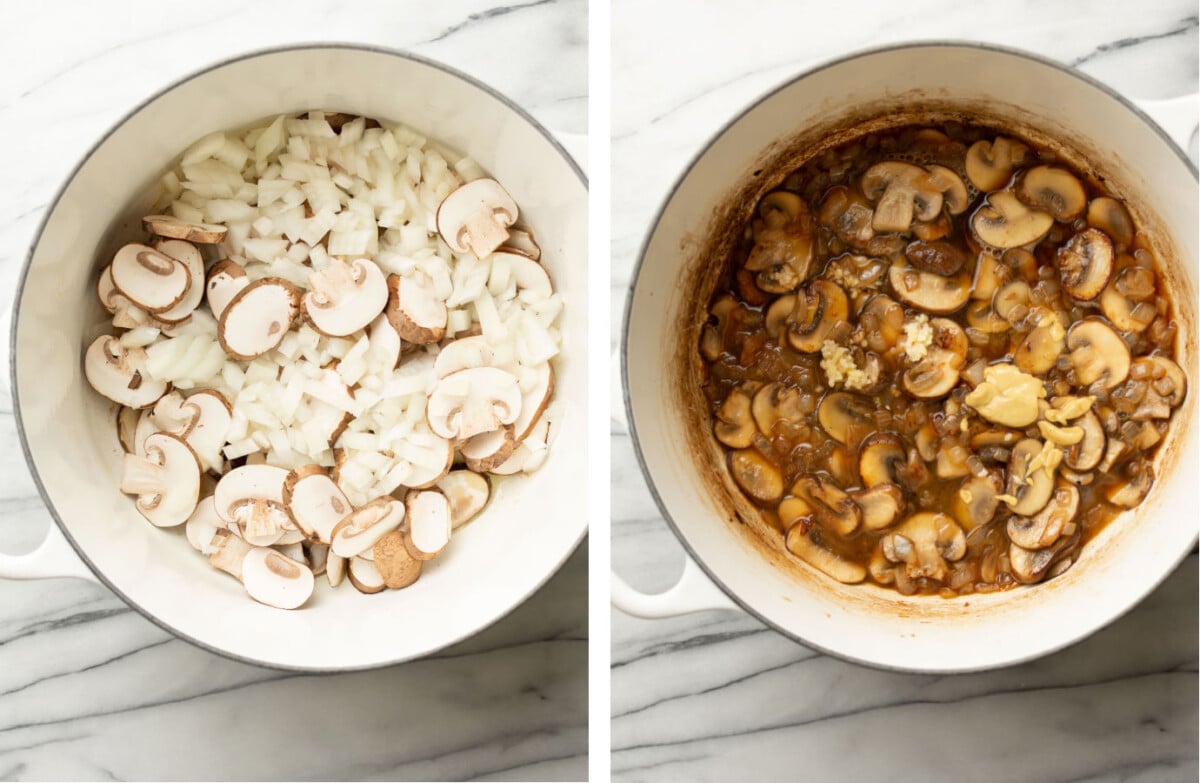 sauteing mushrooms and onions in a dutch oven and making marsala sauce