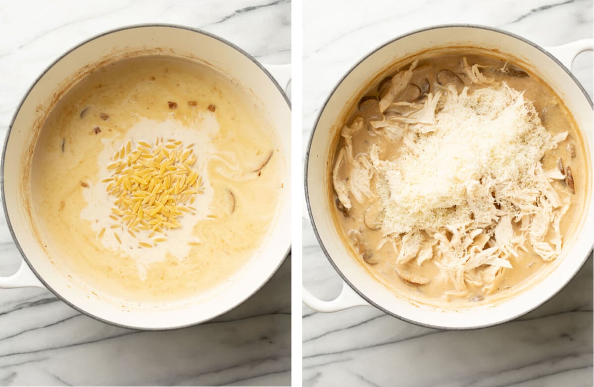 adding cream, chicken, and orzo to a pot and topping with parmesan