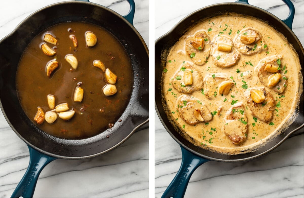 making creamy garlic sauce in a skillet and returning pork tenderloin to the pan