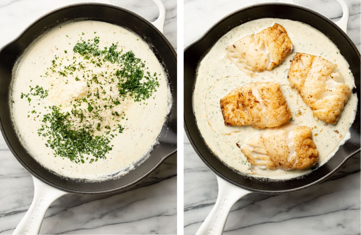 adding parmesan and parsley to a skillet with creamy sauce and returning cod to the pan