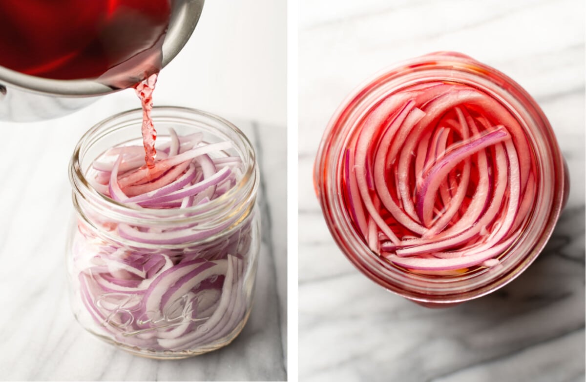 adding pickling liquid to a jar of onion slices