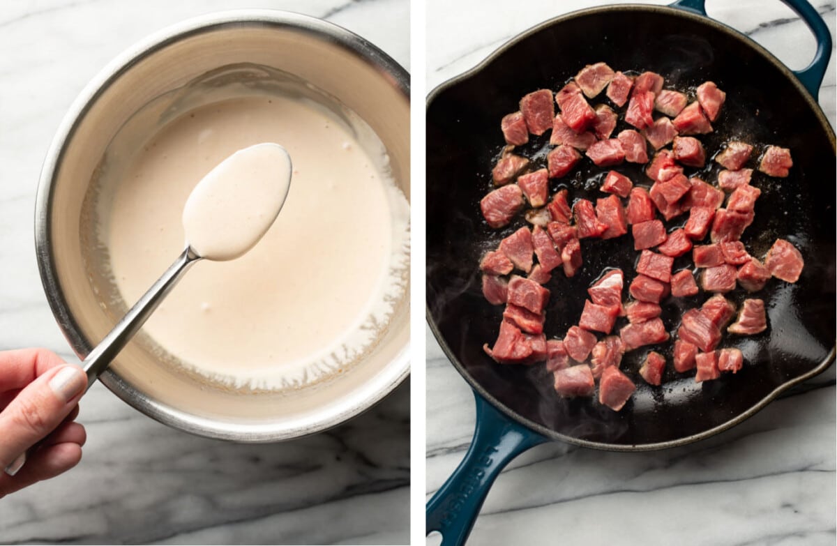 making chipotle lime taco sauce in a prep bowl and adding steak to a skillet