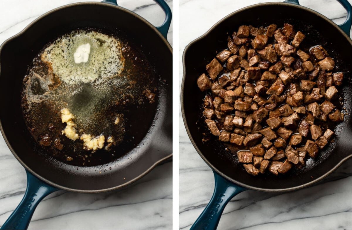 making garlic butter sauce in a skillet and tossing with steak bites