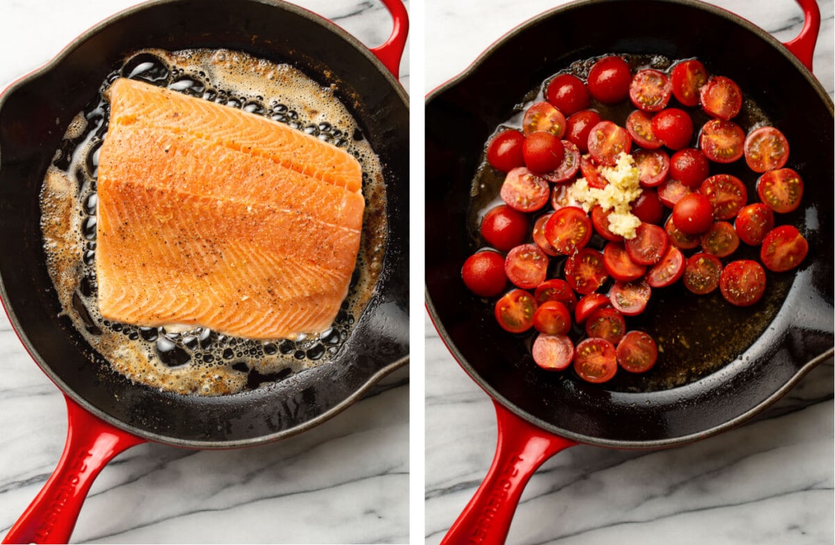 pan frying salmon in a skillet then cooking tomatoes and garlic