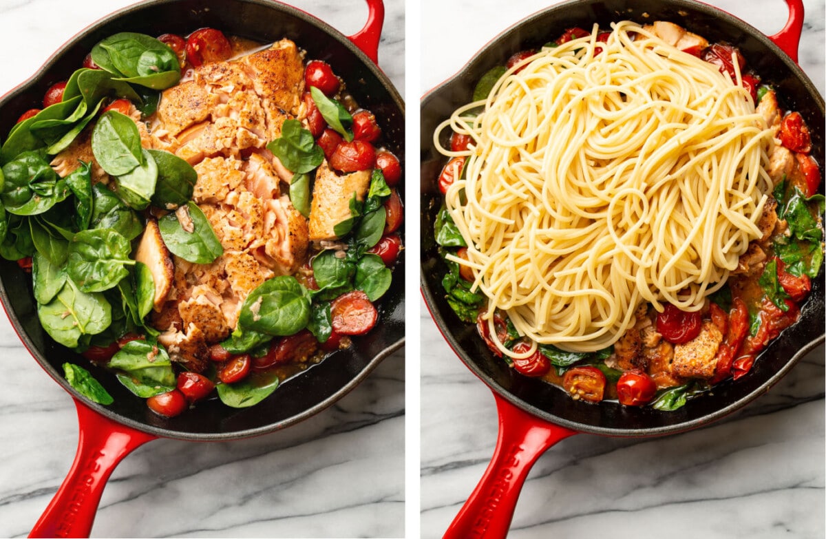 cooking salmon with spinach tomato sauce and tossing with spaghetti