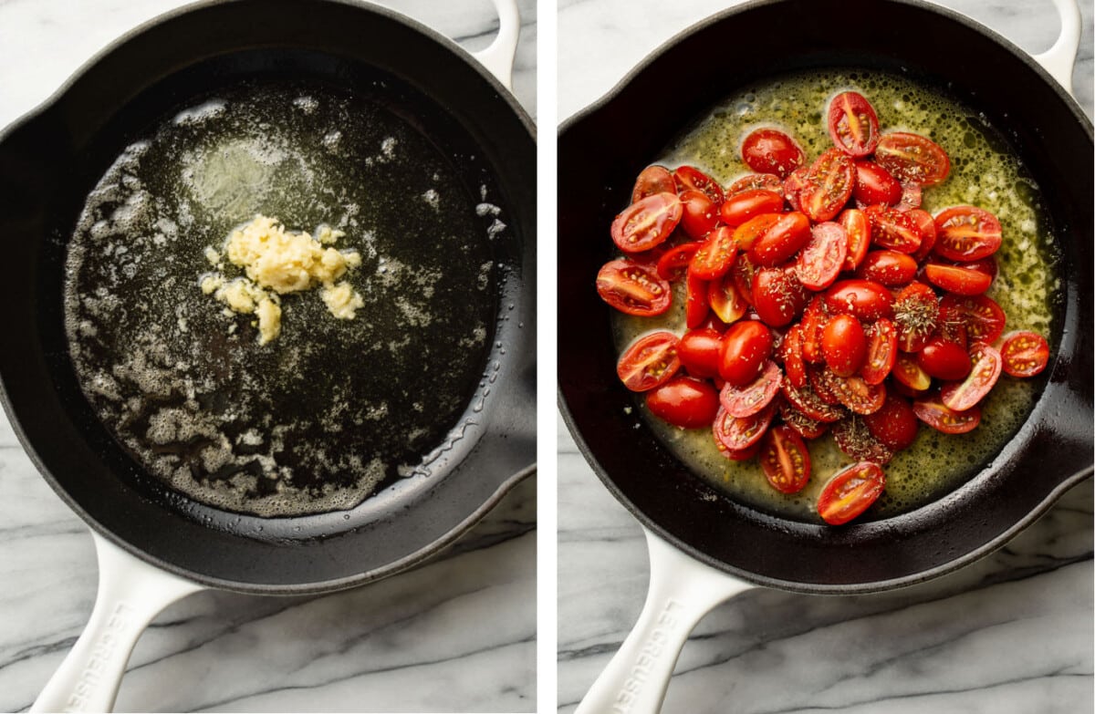 frying garlic in a skillet and adding in broth, tomatoes, and seasoning