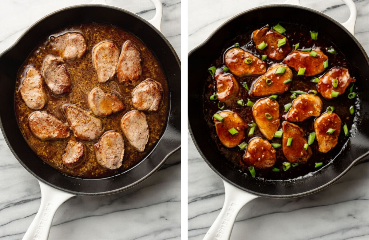 honey garlic pork tenderloin in a skillet before and after cooking