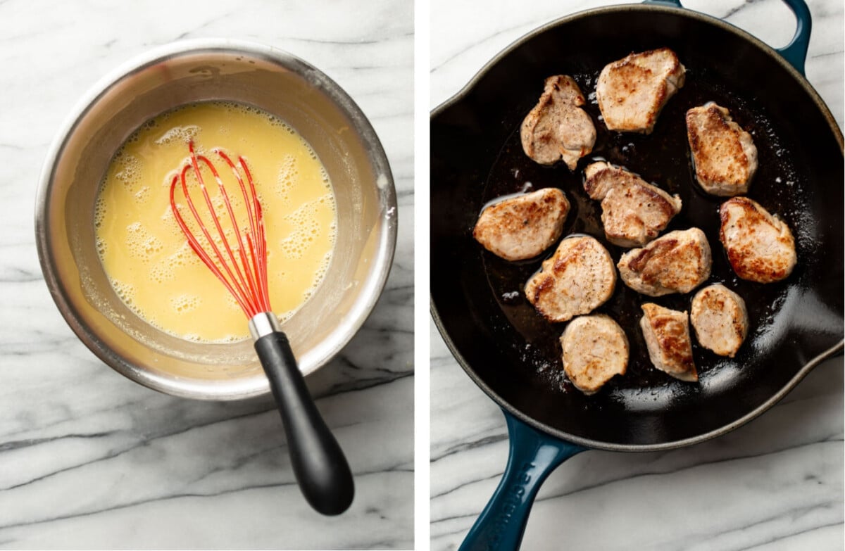 whisking honey mustard sauce in a bowl and pan searing pork tenderloin in a skillet