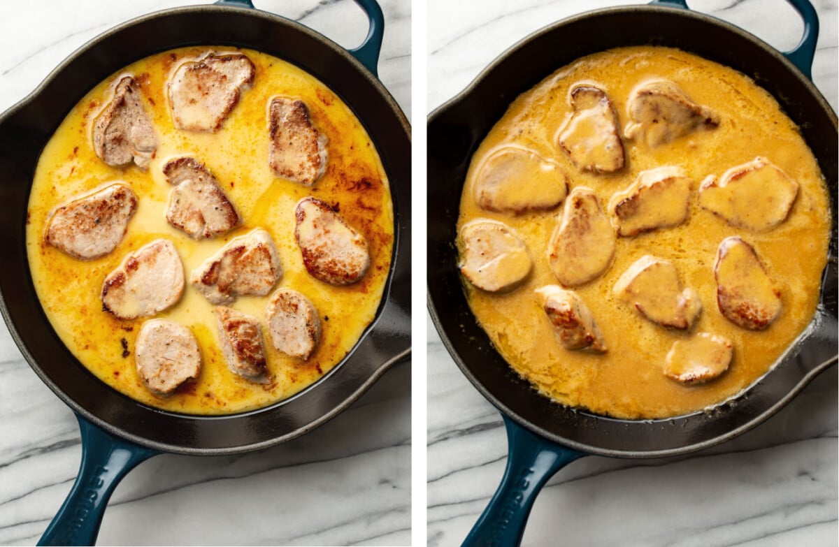 a skillet with honey mustard pork tenderloin before and after cooking